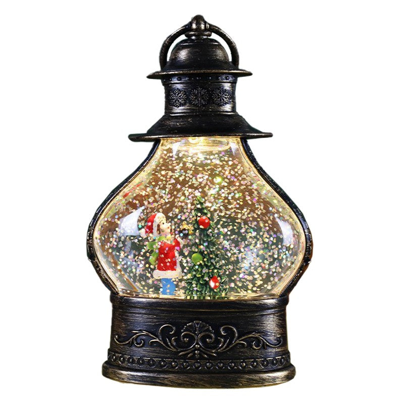 Decoratiune de Craciun tip Felinar, Flippy, Glob de Cristal cu Fulgi de Zapada, Model Elf, Ornamentat cu Luminite Interioare, 14.5 x 9 x 3 cm, Rama Neagra, Transparent