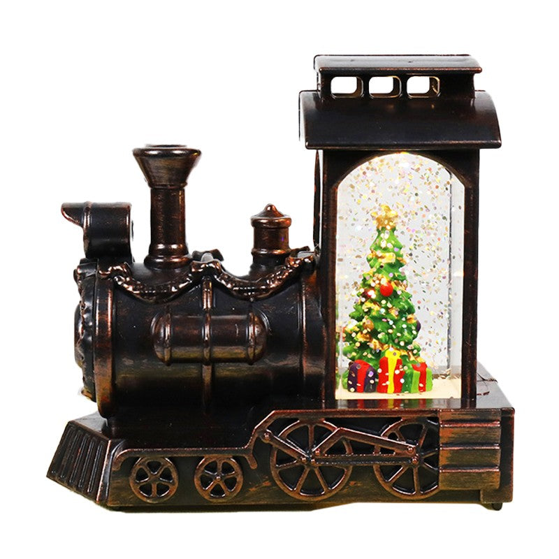 Decoratiune de Craciun tip Locomotiva, Flippy, Glob de Cristal cu Fulgi de Zapada, Model Pom de Craciun, Iluminare LED, 11.5 x 12.5 x 6 cm, Carcasa Vintage Bronze, Transparent