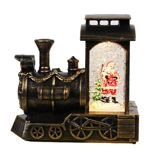 Decoratiune de Craciun tip Locomotiva, Flippy, Glob de Cristal cu Fulgi de Zapada, Model Mos Craciun, Iluminare LED, 11.5 x 12.5 x 6 cm, Carcasa Vintage Bronze, Transparent