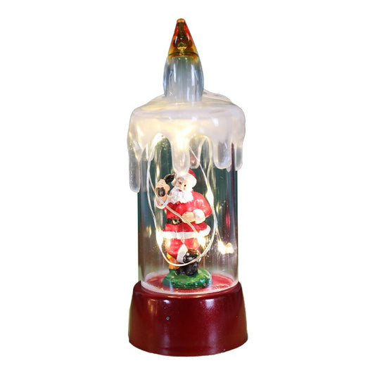 Decoratiune de Craciun tip Lumanare, Flippy, Lumanare de Cristal fara Fulgi de Zapada, Model Mos Craciun, Iluminare LED, 13 x 5 x 5 cm, Baza Rosie, Transparent