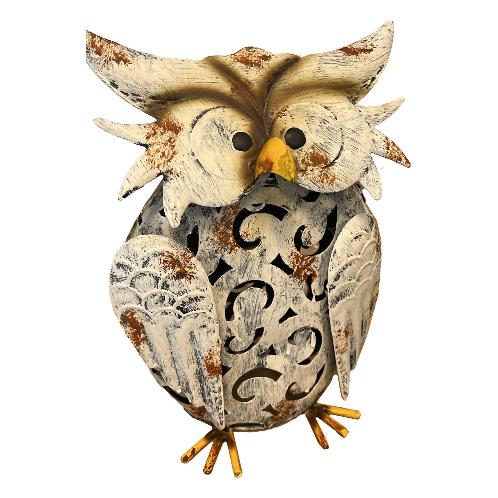 Decoratiune de Gradina cu Lampa solara, Flippy, Model Bufnita, Iluminare Led si Incarcare Solara, 20.5 x 10 x 25.5 cm, din Fier, Gri Alb