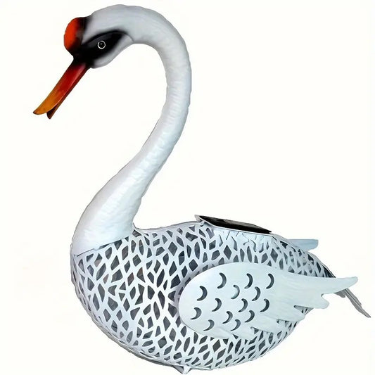 Decoratiune de Gradina cu Lampa solara, Flippy, Model Lebada, Iluminare Led si Incarcare Solara, 39.5 x 35.5 x 14 cm, din Fier, Alb