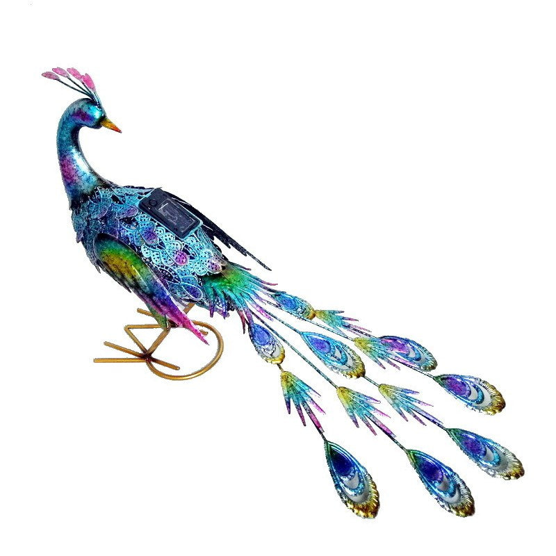 Decoratiune de Gradina cu Lampa solara, Flippy, Model Paun Pitic, Iluminare Led si Incarcare Solara, 66 x 33.5 x 26.5 cm, din Fier, Albastru Multicolor