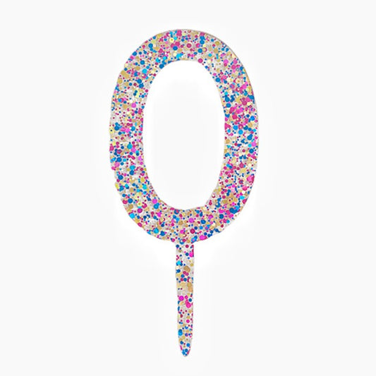 Decoratiune Topper pentru Tort, Flippy, din Acrilic cu Fulgi de Sclipici, Model Cifra 0, Inaltime 18.5 cm, Transparent Multicolor