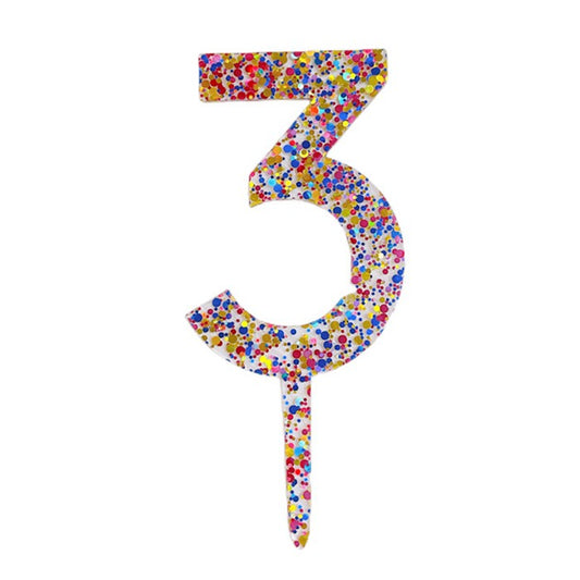 Decoratiune Topper pentru Tort, Flippy, din Acrilic cu Fulgi de Sclipici, Model Cifra 3, Inaltime 18.5 cm, Transparent Multicolor 