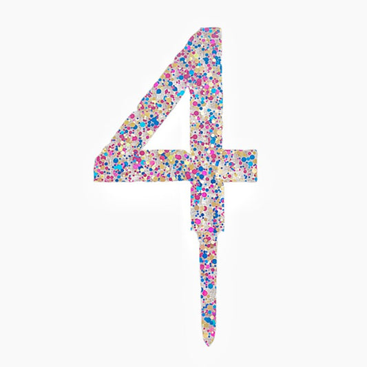 Decoratiune Topper pentru Tort, Flippy, din Acrilic cu Fulgi de Sclipici, Model Cifra 4, Inaltime 18.5 cm, Transparent Multicolor 
