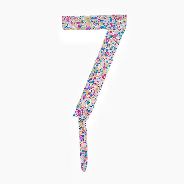 Decoratiune Topper pentru Tort, Flippy, din Acrilic cu Fulgi de Sclipici, Model Cifra 7, Inaltime 18.5 cm, Transparent Multicolor 