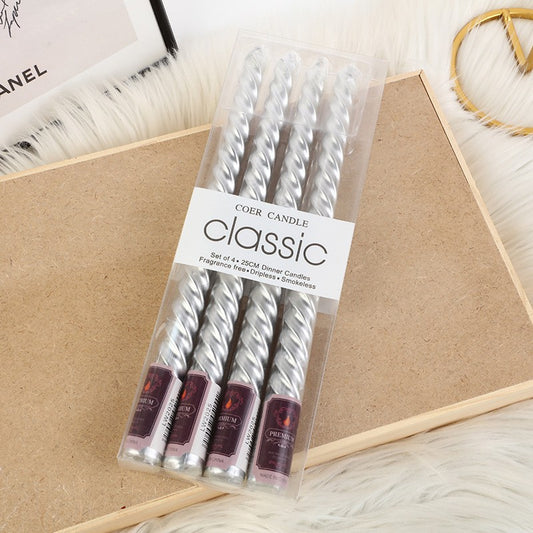 Set 4 Lumanari pentru Masa, Cina, Decor, Flippy, Model Rasucit, Lungime 25 cm, Argintiu