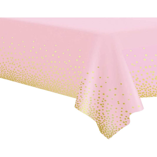 Fata de Masa, Flippy, din PEVA, Imprimeu Buline Aurii, 137 x 274 cm, Impermeabila, Fara Pete, Curatare Rapida, Roz Deschis