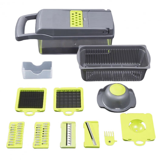 Feliator Multifunctional, Flippy, Razatoare, 8 in 1, pentru Fructe si Legume, 10 Piese, Lame de Inox, Recipient Stocare, Separator Oua, Protectie Mana, ABS, 32.2x11.3 cm, Verde/Gri