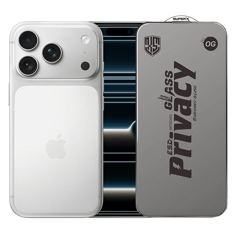 Folie de Protectie pentru Apple iPhone 17 Pro, Flippy, Sticla Securizata ESD Antistatica, Super-X Privacy OG, Margini Negre, 0.30 mm, Transparent Inchis