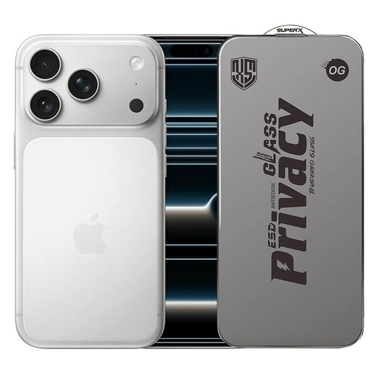 Folie de Protectie pentru Apple iPhone 17 Pro, Flippy, Sticla Securizata ESD Antistatica, Super-X Privacy OG, Margini Negre, 0.30 mm, Transparent Inchis