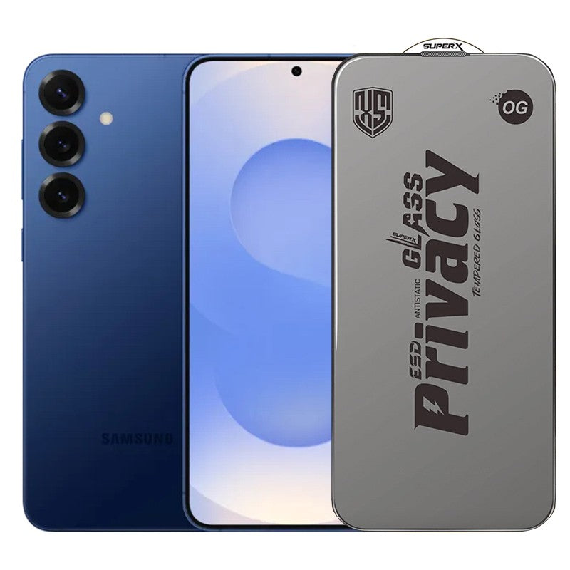Folie de Protectie pentru Samsung Galaxy S25+, Flippy, Sticla Securizata ESD Antistatica, Super-X Privacy OG, Margini Negre, 0.30 mm, Transparent Inchis