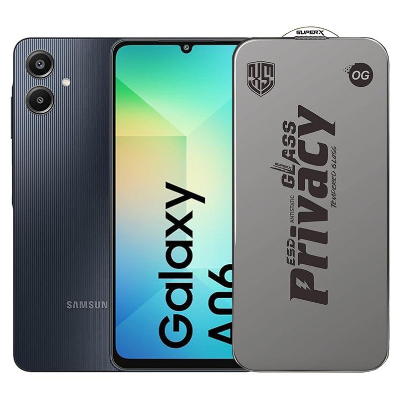 Folie de Protectie pentru Samsung Galaxy A06, Flippy, Sticla Securizata ESD Antistatica, Super-X Privacy OG, Margini Negre, 0.30 mm, Transparent Inchis