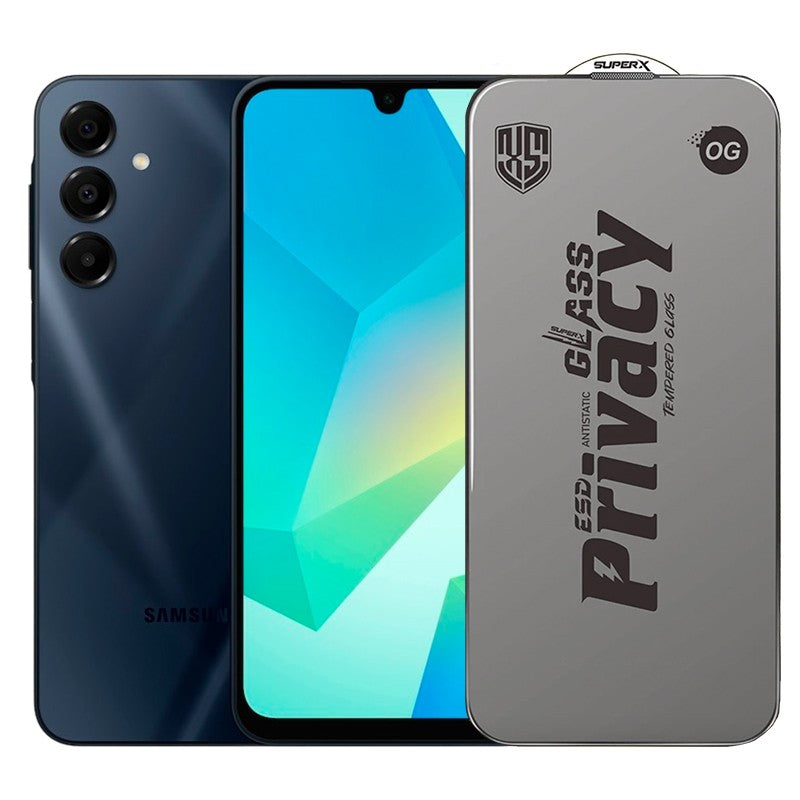 Folie de Protectie pentru Samsung Galaxy A16, Flippy, Sticla Securizata ESD Antistatica, Super-X Privacy OG, Margini Negre, 0.30 mm, Transparent Inchis