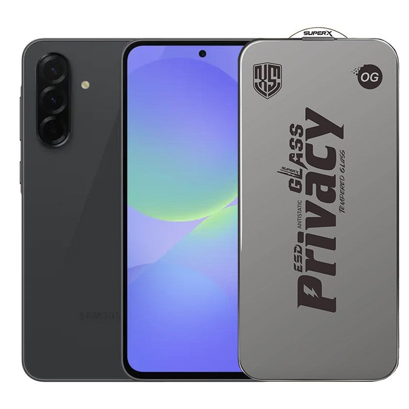 Folie de Protectie pentru Samsung Galaxy A36, Flippy, Sticla Securizata ESD Antistatica, Super-X Privacy OG, Margini Negre, 0.30 mm, Transparent Inchis