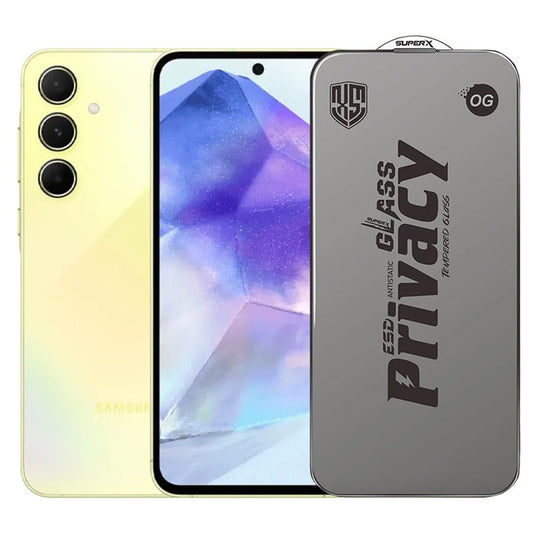 Folie de Protectie pentru Samsung Galaxy A55, Flippy, Sticla Securizata ESD Antistatica, Super-X Privacy OG, Margini Negre, 0.30 mm, Transparent Inchis