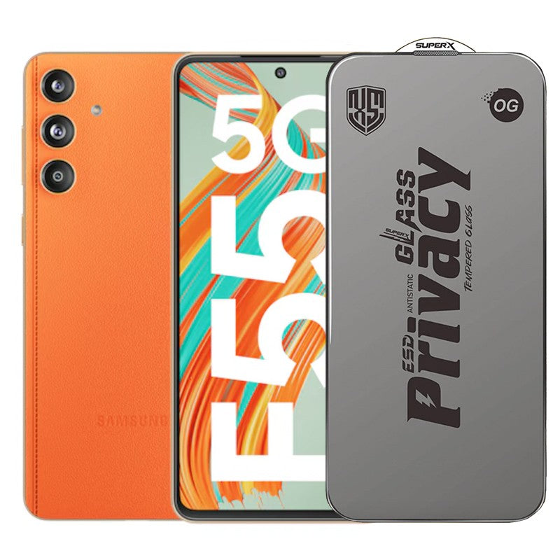 Folie de Protectie pentru Samsung Galaxy F55, Flippy, Sticla Securizata ESD Antistatica, Super-X Privacy OG, Margini Negre, 0.30 mm, Transparent Inchis