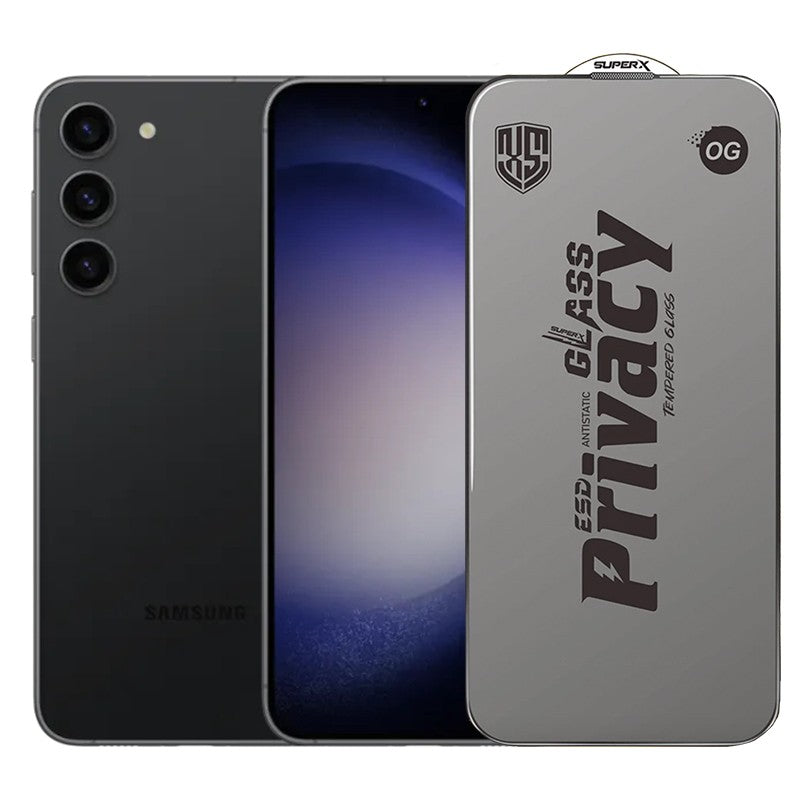 Folie de Protectie pentru Samsung Galaxy S23+, Flippy, Sticla Securizata ESD Antistatica, Super-X Privacy OG, Margini Negre, 0.30 mm, Transparent Inchis