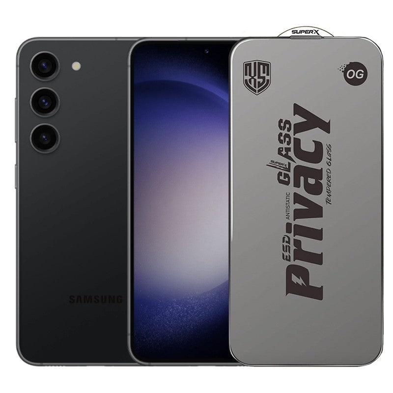 Folie de Protectie pentru Samsung Galaxy S23, Flippy, Sticla Securizata ESD Antistatica, Super-X Privacy OG, Margini Negre, 0.30 mm, Transparent Inchis
