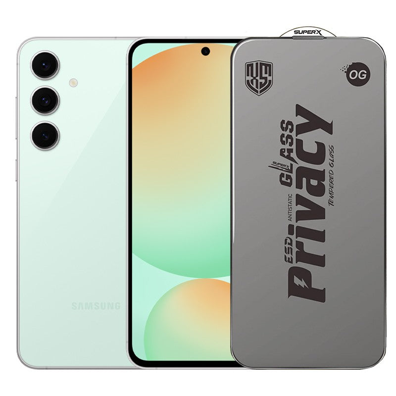 Folie de Protectie pentru Samsung Galaxy S24 FE, Flippy, Sticla Securizata ESD Antistatica, Super-X Privacy OG, Margini Negre, 0.30 mm, Transparent Inchis