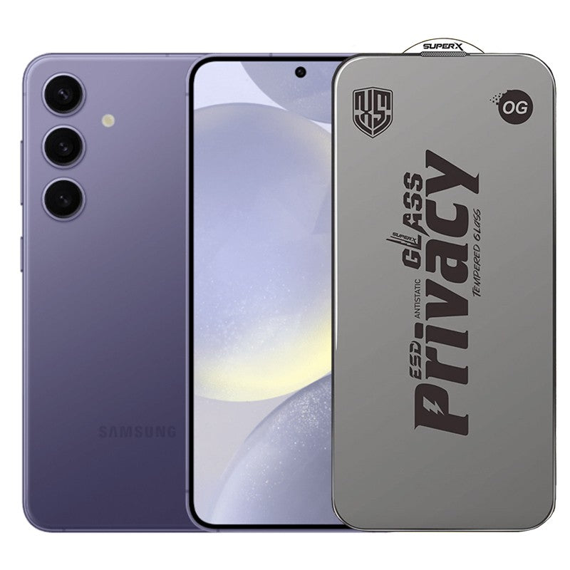 Folie de Protectie pentru Samsung Galaxy S24, Flippy, Sticla Securizata ESD Antistatica, Super-X Privacy OG, Margini Negre, 0.30 mm, Transparent Inchis