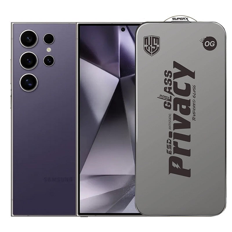 Folie de Protectie pentru Samsung Galaxy S24 Ultra, Flippy, Sticla Securizata ESD Antistatica, Super-X Privacy OG, Margini Negre, 0.30 mm, Transparent Inchis
