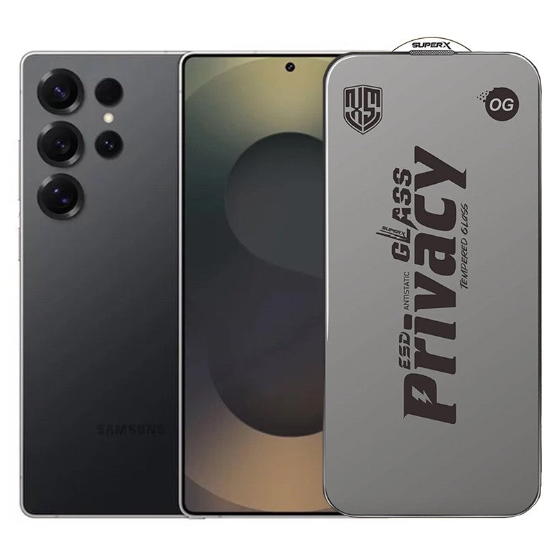 Folie de Protectie pentru Samsung Galaxy S25 Ultra, Flippy, Sticla Securizata ESD Antistatica, Super-X Privacy OG, Margini Negre, 0.30 mm, Transparent Inchis