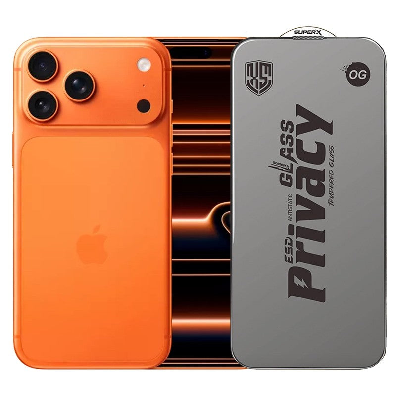 Folie de Protectie pentru Apple iPhone 17 Pro Max, Flippy, Sticla Securizata ESD Antistatica, Super-X Privacy OG, Margini Negre, 0.30 mm, Transparent Inchis