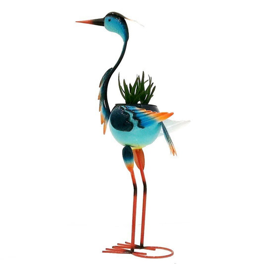 Decoratiune pentru Gradina, Flippy, Flamingo pentru Gradina cu Suport pentru Plante Flori, Ornament de Ghiveci de Flori, Model Flamingo, din Fier, 71 x 34 x 22 cm, Albastru