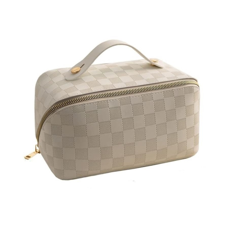 Geanta de Calatorie Flippy, Pentru Cosmetice, Portabila, Impermeabila, din Piele Ecologica, Compartimente Multiple, cu Fermoar, 22 x 13 x 12.5 cm, In Carouri, Alb