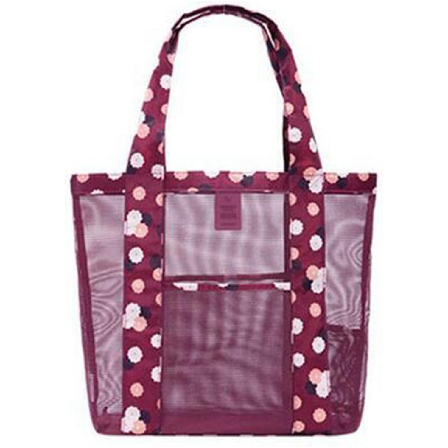 Geanta de Plaja, Flippy, din Plasa Transparenta, Imprimeu Floral, 43 x 10 x 33 cm, Model pentru Umar, Lungime Inferioara 33 cm, Burgundy