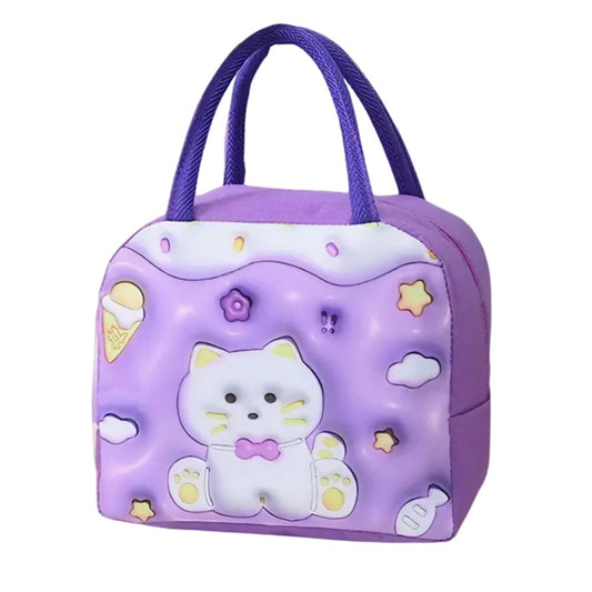 Geantă Frigorifică, Flippy, cu Desene Animate 3D, Portabilă pentru Copii, de Prânz, din Pânză Oxford, 23x13x19 cm, Model Pisicuta, Mov