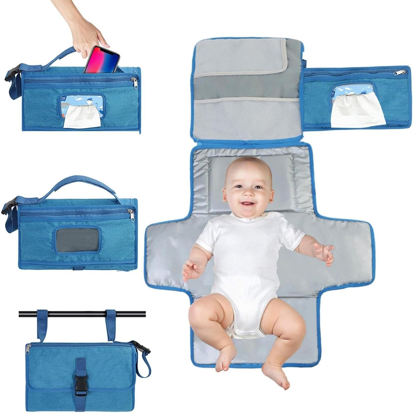 Geanta Multifunctionala, Flippy, Tip Aleza de Schimbat Scutece, Impermeabila, din Panza Oxford, cu Buzunare, Usor de Agatat, 30 x 20 cm, Albastru