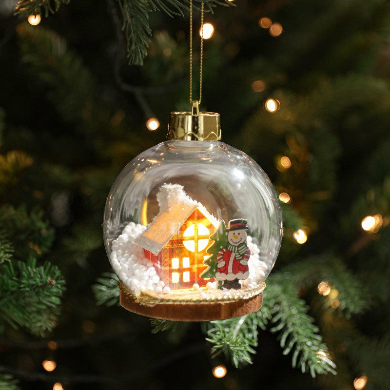 Glob pentru Bradul de Craciun LED, Flippy, Model C, Glob Transparent cu Figurina Casa si Om de Zapada iluminat LED, Diametrul 10 cm, Baza Solida, Transparent