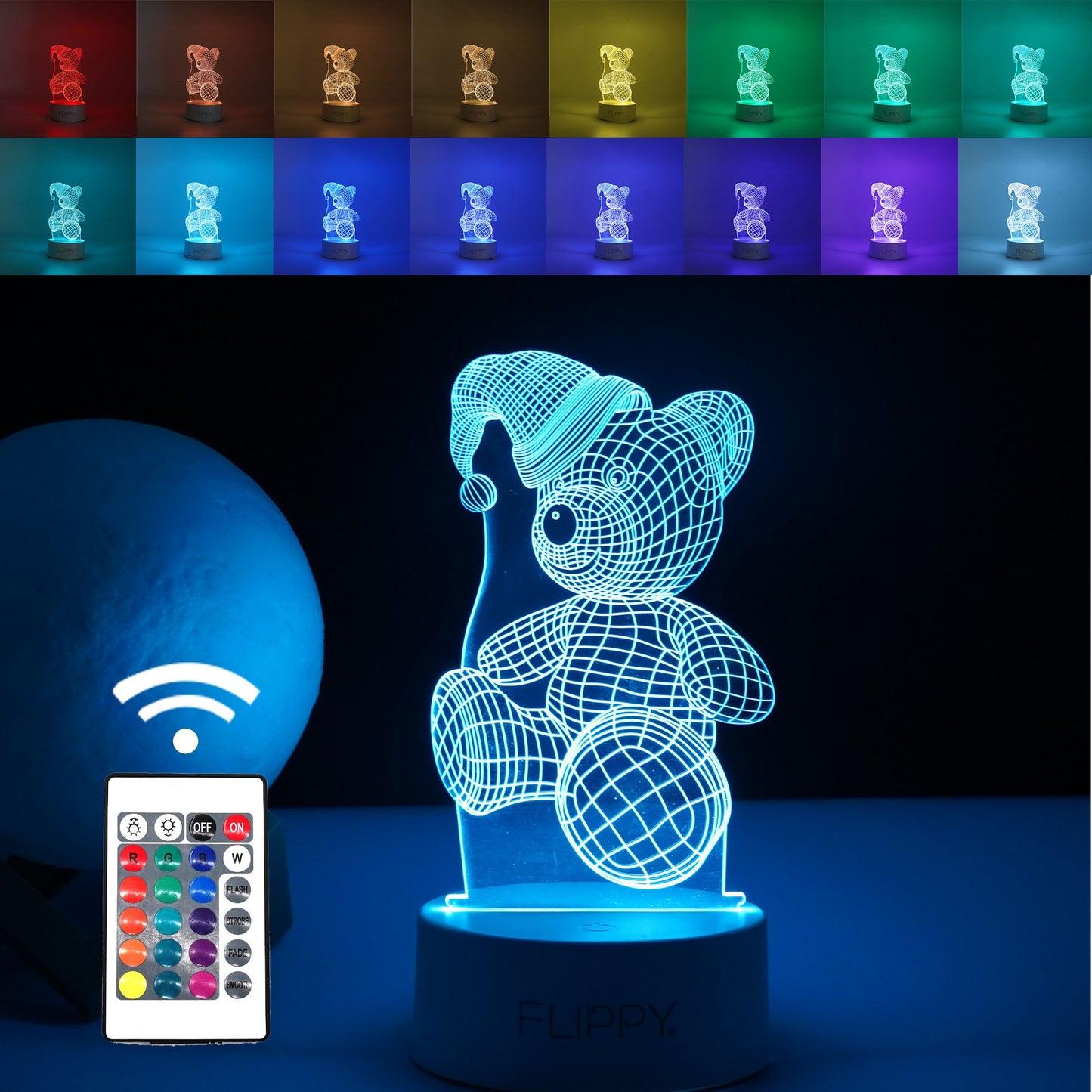 Lampa LED decorativa, Flippy, 3D, Urs cu palarie, cu telecomanda, doua moduri de alimentare USB si baterii, 20 cm inaltime, din material acril si lumina multicolora, alb
