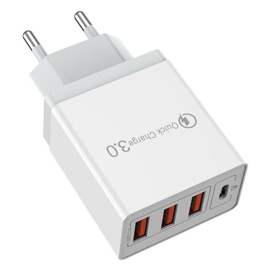Incarcator Fast Charge pentru Telefon 32W, Flippy, Incarcator Quick Charge cu 3 Porturi USB-A 3.1A & 1 USB-C, Power Delivery 32W, Cap Standard European, Alb