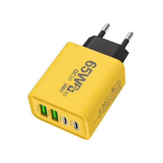 Incarcator Fast Charge pentru Telefon 65W, Flippy, Incarcator Quick Charge cu 2 Porturi USB-A 3.1A & 2 Porturi USB-C, Power Delivery 65W, Cap Standard European, Galben