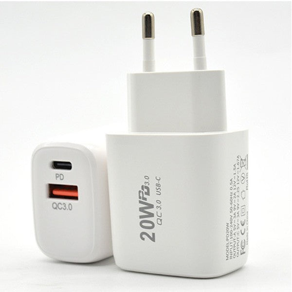 Incarcator Fast Charging pentru Telefon, Flippy, Dual Port USB-A si USB-C cu Cap de Incarcare Standard European, Power Delivery 20W Q.C 3.0, Alb