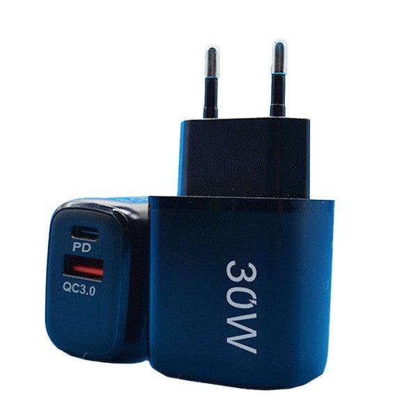 Incarcator Fast Charging pentru Telefon, Flippy, Dual Port USB-A si USB-C cu Cap de Incarcare Standard European, 30W Q.C 3.0, Negru