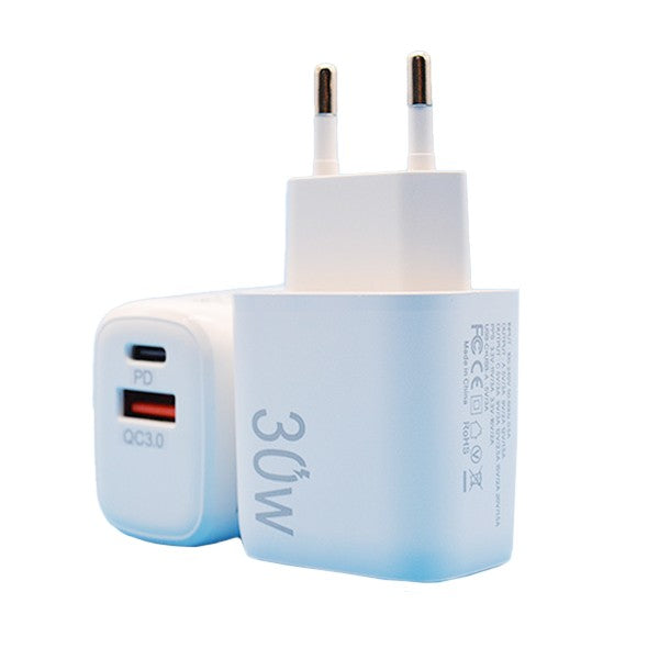 Incarcator Fast Charging pentru Telefon, Flippy, Dual Port USB-A si USB-C cu Cap de Incarcare Standard European, 30W Q.C 3.0, Alb