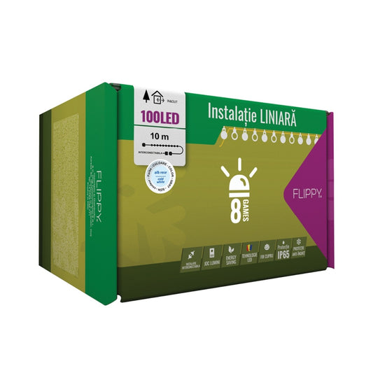 Instalatie Craciun Profesionala de Exterior IP65, 10 m, 100 Led-uri Mari ,Liniara, Alb rece, Interconectabila, Prelungitor 6.5 m inclus, Fir Negru, Flippy