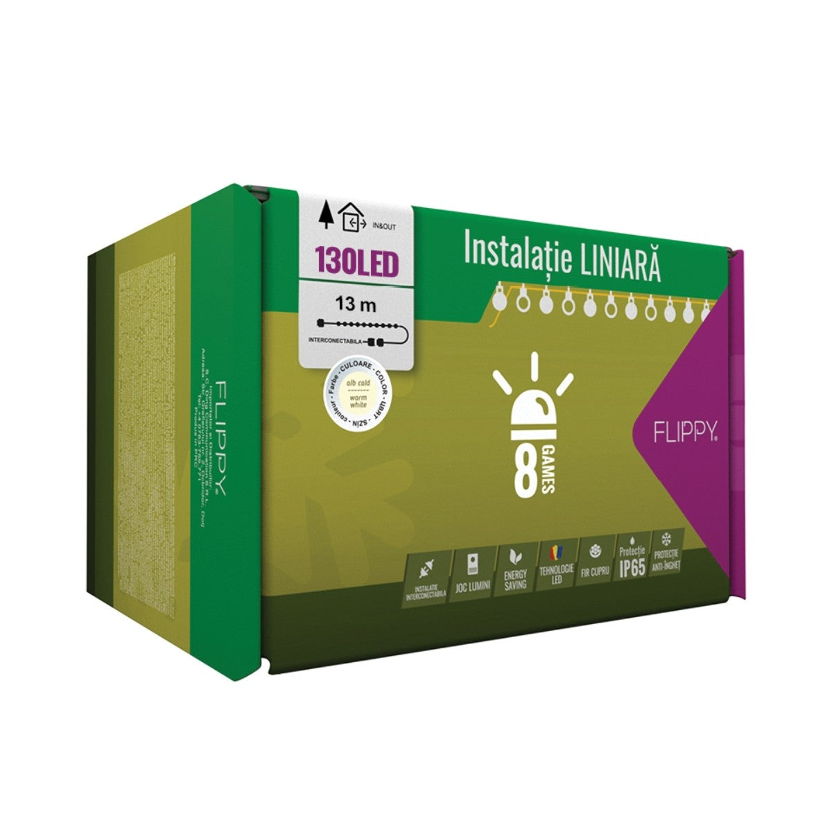 Instalatie Craciun Profesionala de Exterior IP65, 13 m, 130 Led-uri Mari ,Liniara, Alb cald, Interconectabila, Prelungitor 6.5 m inclus, Fir Negru, Flippy