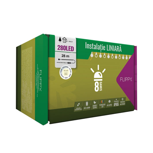 Instalatie Craciun Profesionala de Exterior IP65, 28 m, 280 Led-uri Mari ,Liniara, Alb cald, Interconectabila, Prelungitor 6.5 m inclus, Fir Negru, Flippy