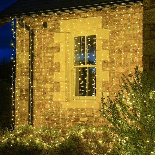 Instalatie Craciun Yoto, Tip Perdea, 2 m x 1 m, 120 LED-uri, Prelungitor 1.5 m, 8 Jocuri de Lumini, Interconectabila, Fir transparent, Interior/Exterior, Alb Cald