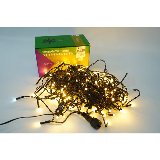 Instalatie de Craciun Flippy® Tip Franjuri cu Flash, Sectiune 5 m, 143 LED-uri, Interconectabila, Fir Negru, Alb Cald