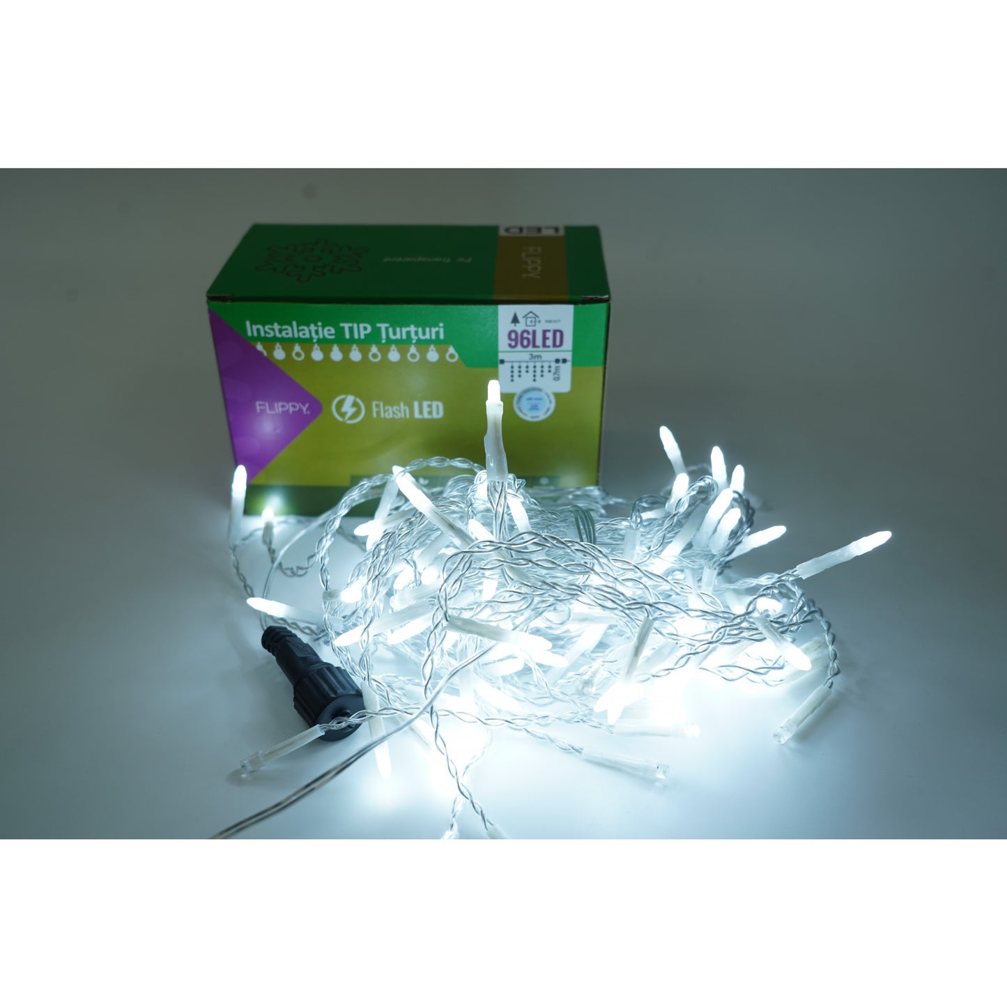 Instalatie de Craciun Flippy® Tip Turturi, Franjuri cu Flash, Sectiune 3 m, 96 LED-uri, Interconectabila, Fir Transparent, Alb Rece