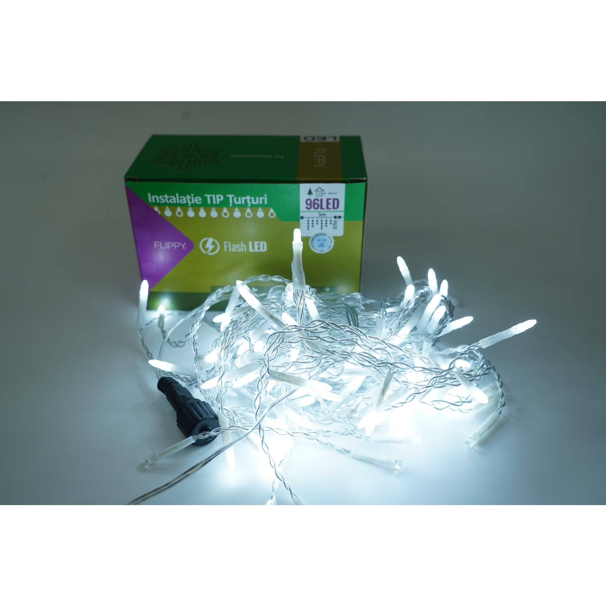Instalatie de Craciun Flippy® Tip Turturi, Franjuri cu Flash, Sectiune 3 m, 96 LED-uri, Interconectabila, Fir Transparent, Alb Rece