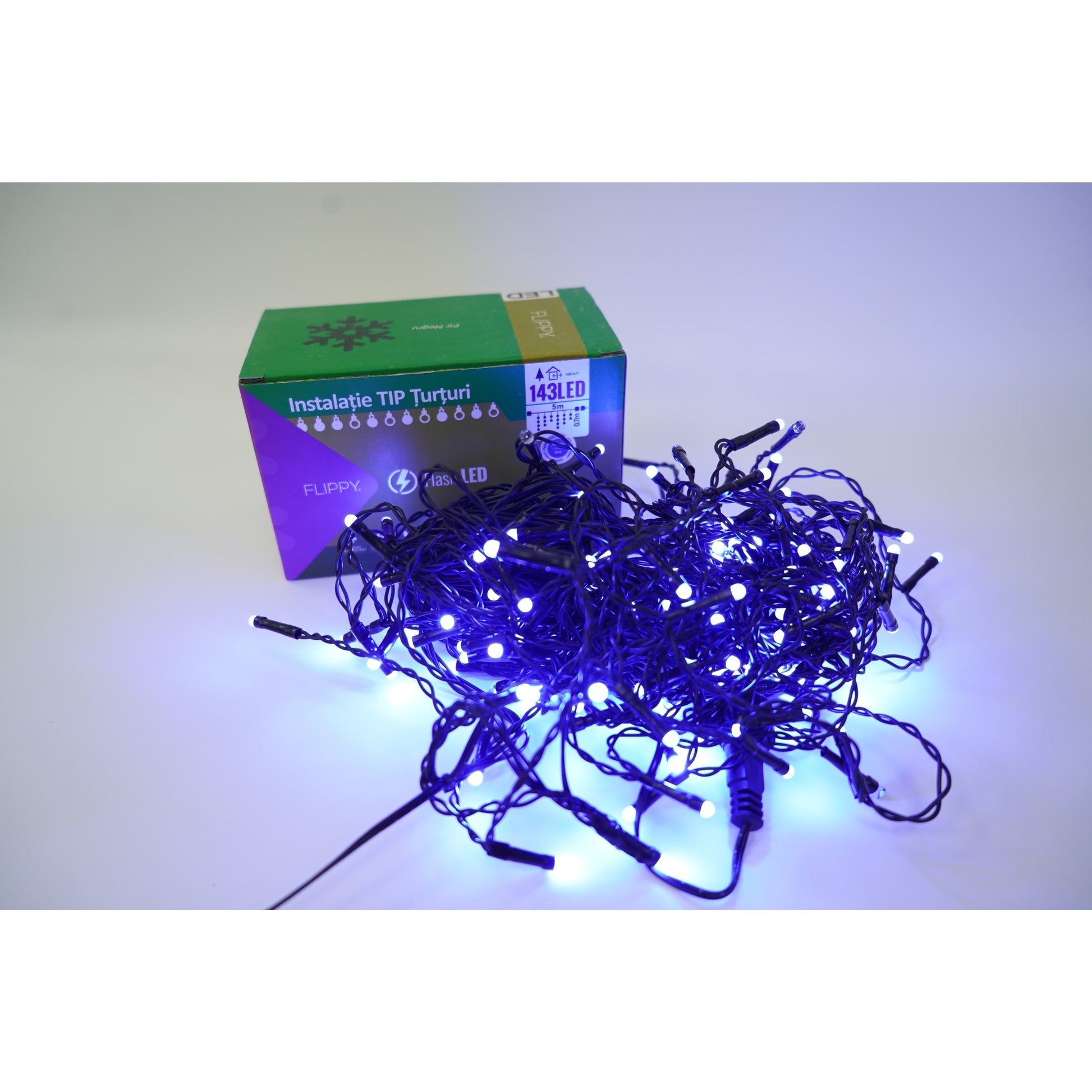 Instalatie de Craciun Flippy® Tip Turturi, Franjuri cu Flash, Sectiune 5 m, 143 LED-uri, Interconectabila, Fir Negru, Albastru