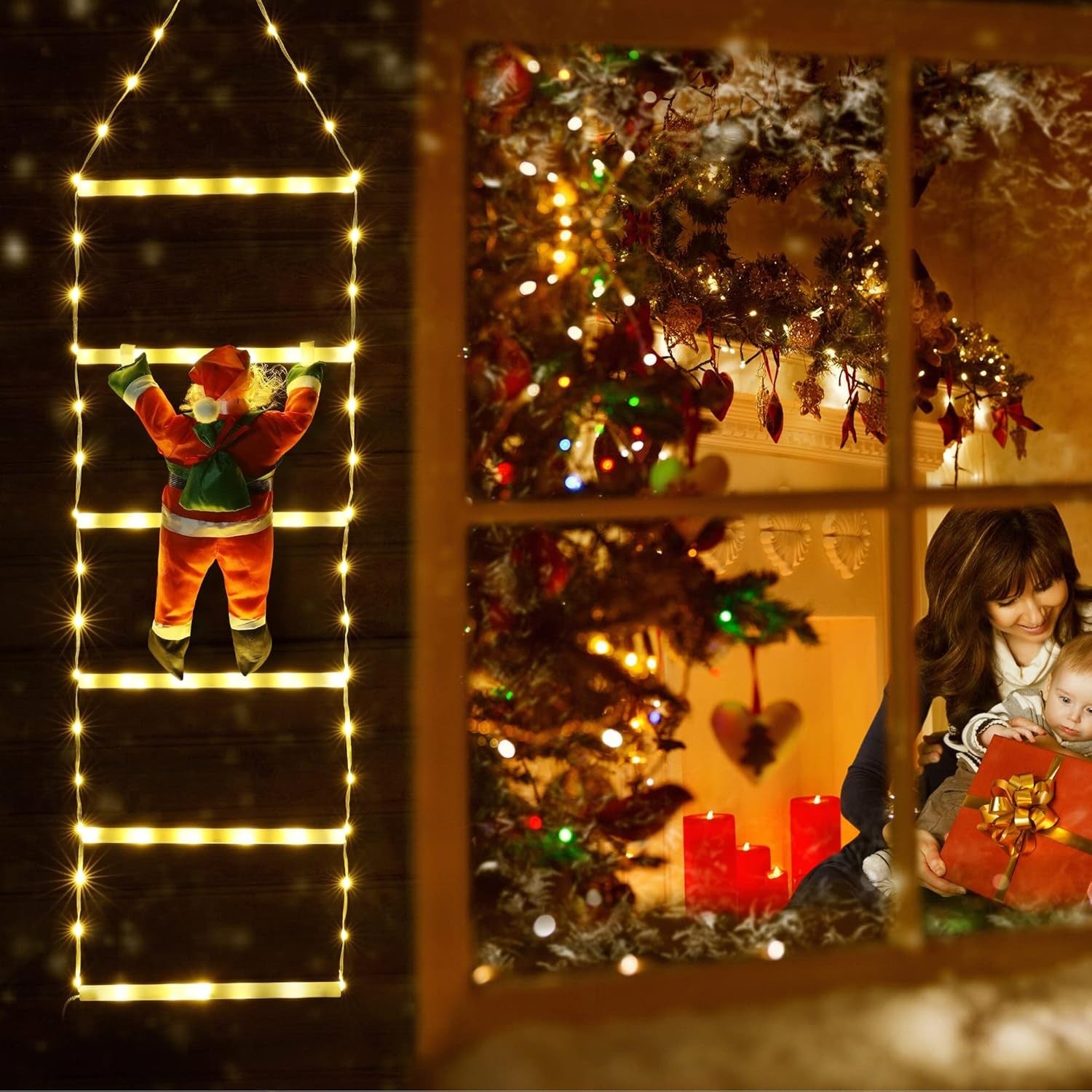 Instalatie LED de Craciun, Flippy, cu Accesorii, Lumina Calda, Lungime 1 m, 4 Trepte, 72 de Luminite, 8 Moduri, Model Mos Craciun pe Scara  Alb cald